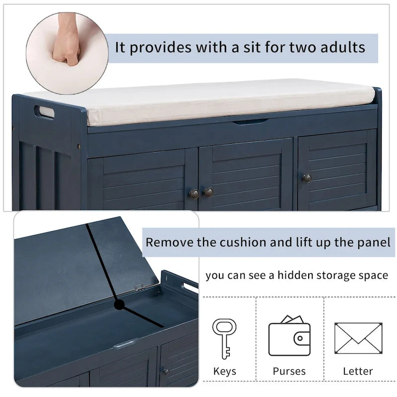 Storage Bench with 3 Shutter-shaped Doors, Shoe Bench with Removable Cushion and Hidden Storage Space
