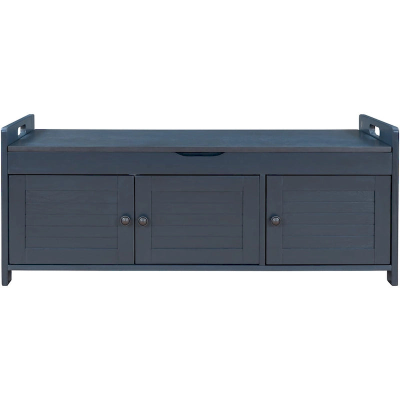 Storage Bench with 3 Shutter-shaped Doors, Shoe Bench with Removable Cushion and Hidden Storage Space