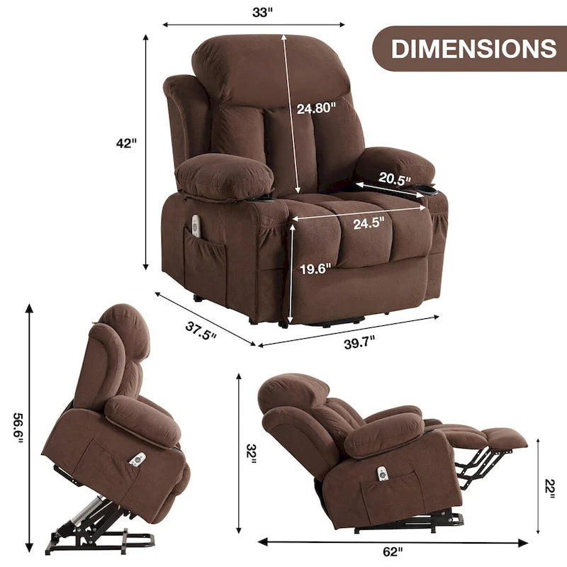 Fabric Electric Power Lift Recliner Chair with Massage and Heat for Elderly with USB Ports,Cup Holders & Side Pocket