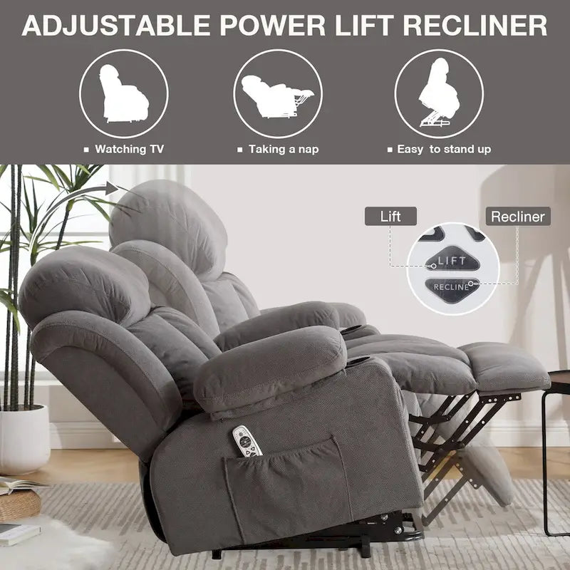 Fabric Electric Power Lift Recliner Chair with Massage and Heat for Elderly with USB Ports,Cup Holders & Side Pocket