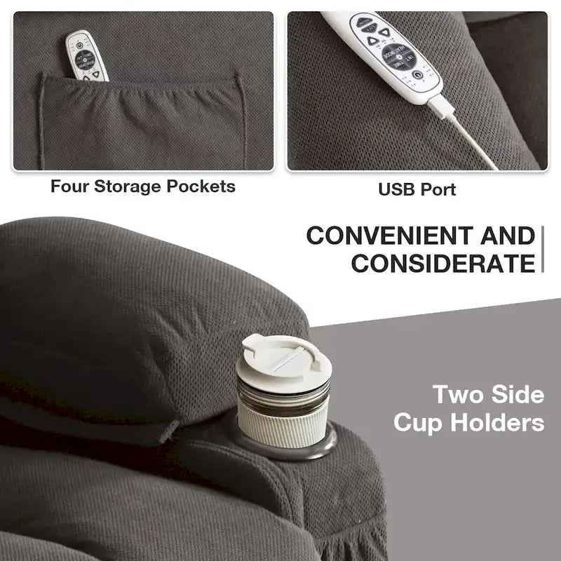Fabric Electric Power Lift Recliner Chair with Massage and Heat for Elderly with USB Ports,Cup Holders & Side Pocket
