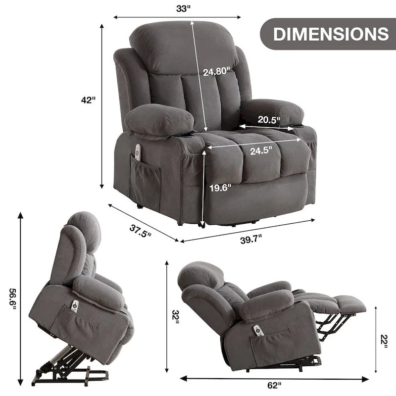 Fabric Electric Power Lift Recliner Chair with Massage and Heat for Elderly with USB Ports,Cup Holders & Side Pocket