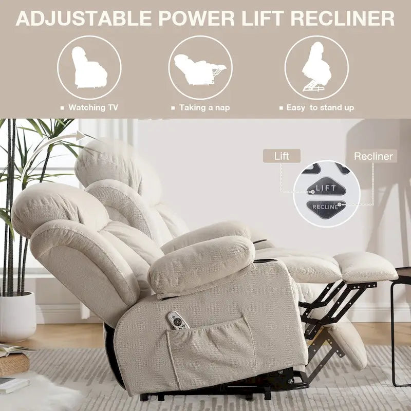Fabric Electric Power Lift Recliner Chair with Massage and Heat for Elderly with USB Ports,Cup Holders & Side Pocket