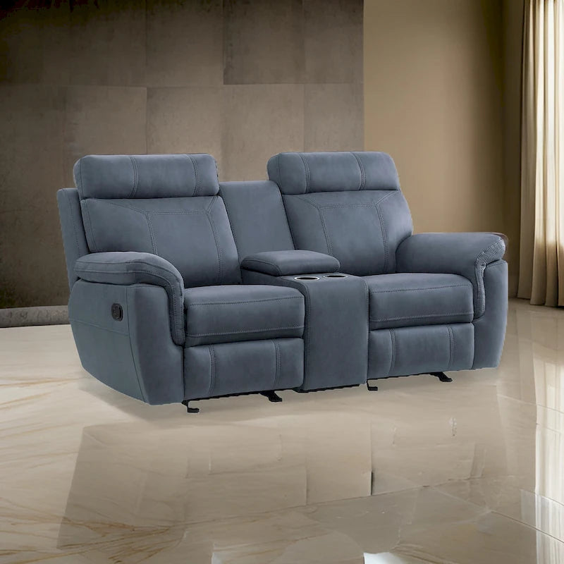 Clif 76 Inch Manual Glider Reclining Loveseat, Solid Wood, Blue Microfiber