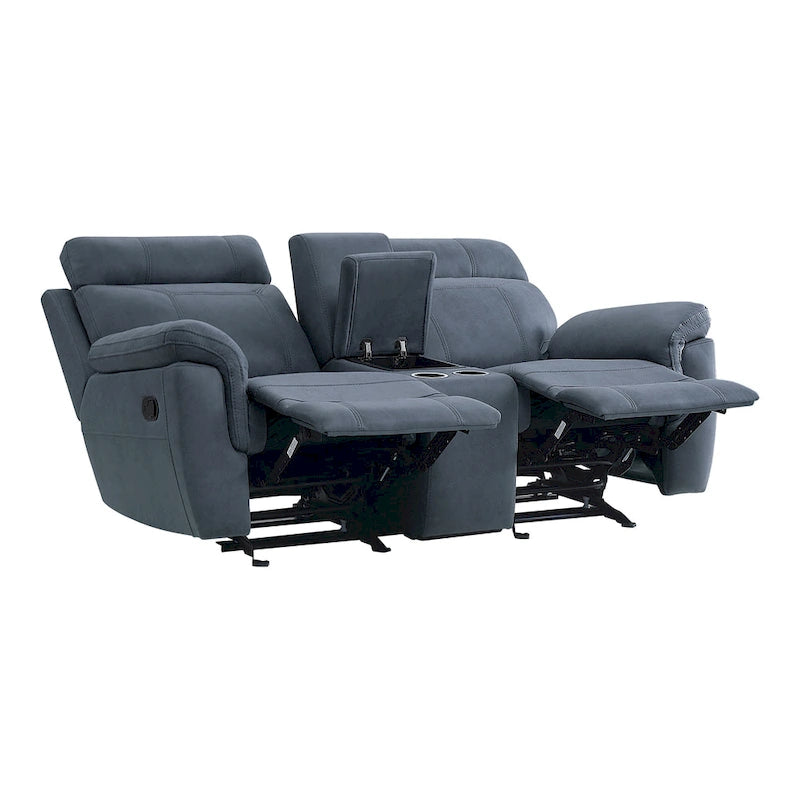 Clif 76 Inch Manual Glider Reclining Loveseat, Solid Wood, Blue Microfiber