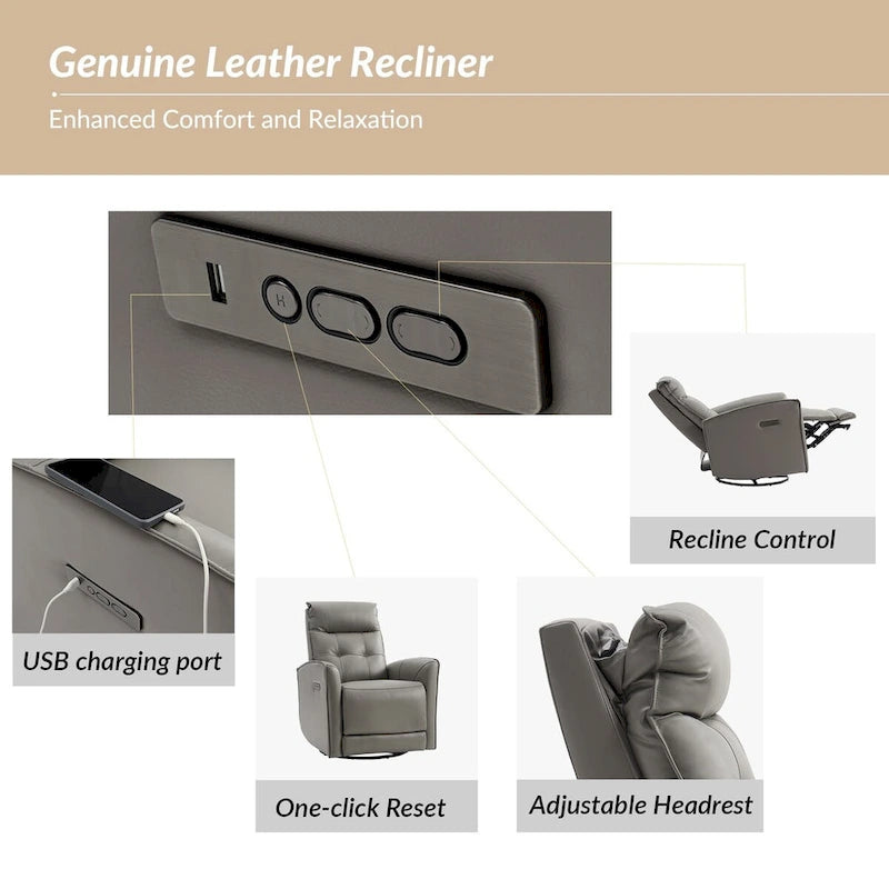 Alberto Mordern Genuine Leather Power Recliner with USB Charging Port by HULALA HOME