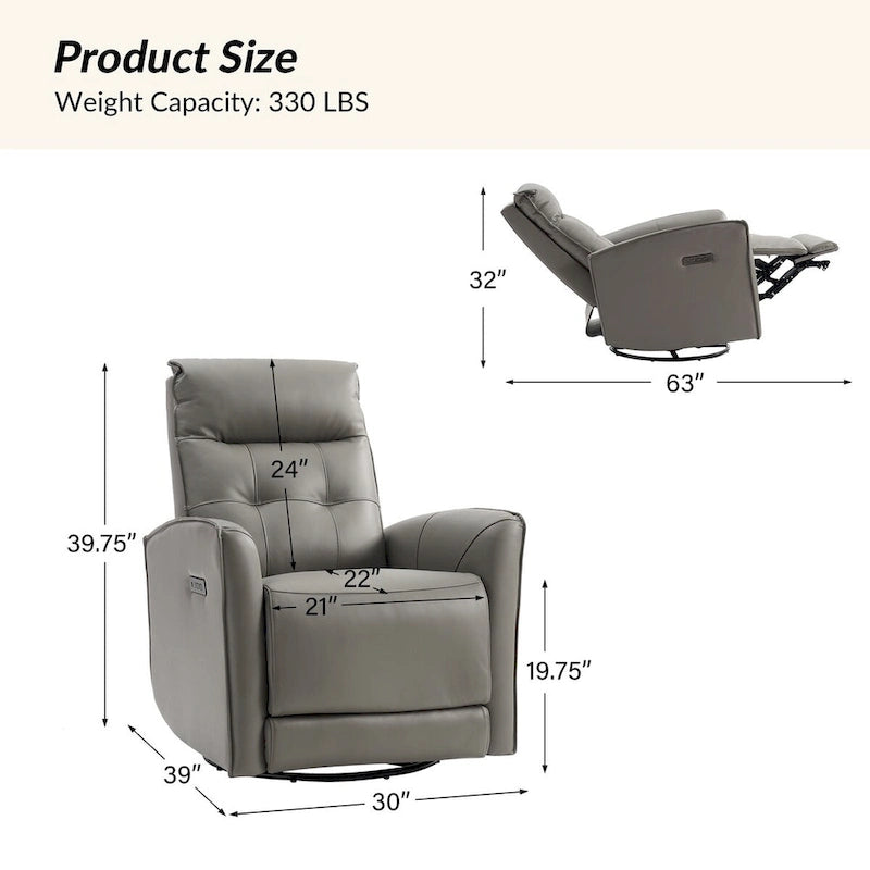 Alberto Mordern Genuine Leather Power Recliner with USB Charging Port by HULALA HOME