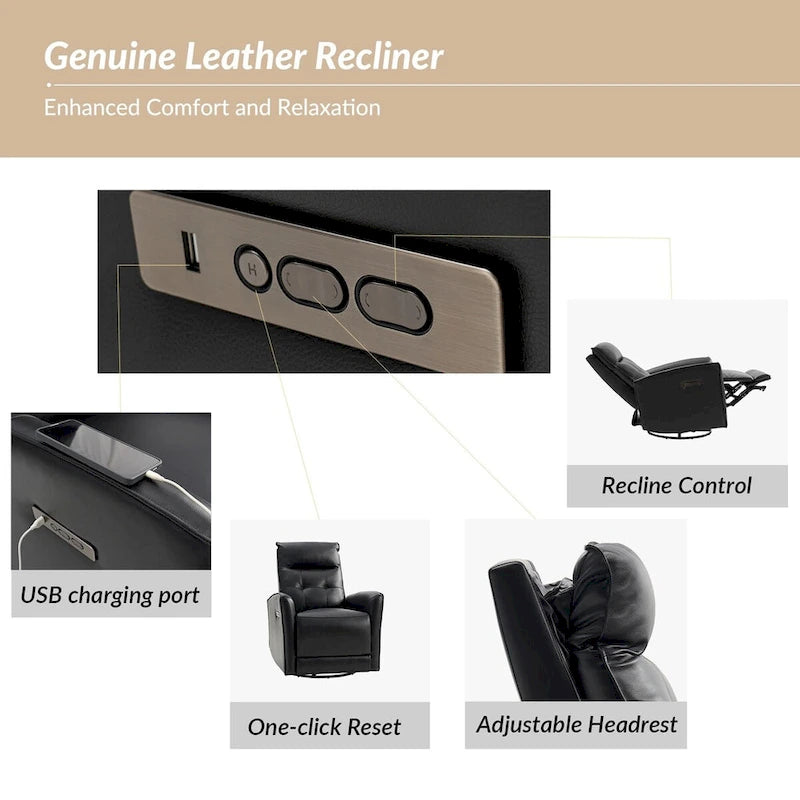 Alberto Mordern Genuine Leather Power Recliner with USB Charging Port by HULALA HOME