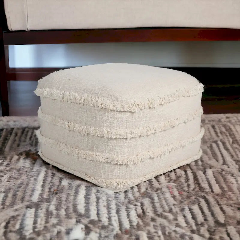 HomeRoots 18 Cream Cotton Tufted Cube Striped Pouf Ottoman