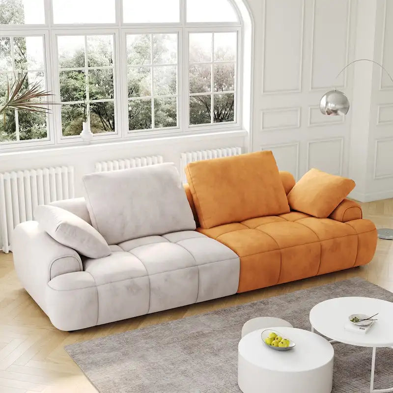 Ouyessir Modern Upholstered Velvet Oversized Sofa Couch with Beige&Yellow Suede Fabric