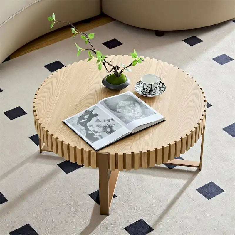 Modern 31.5 Round Coffee Table with Sturdy Metal Pedestal