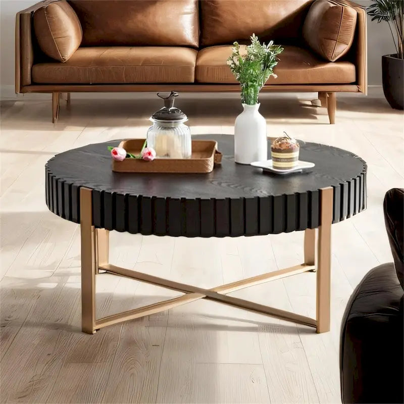 Modern 31.5 Round Coffee Table with Sturdy Metal Pedestal
