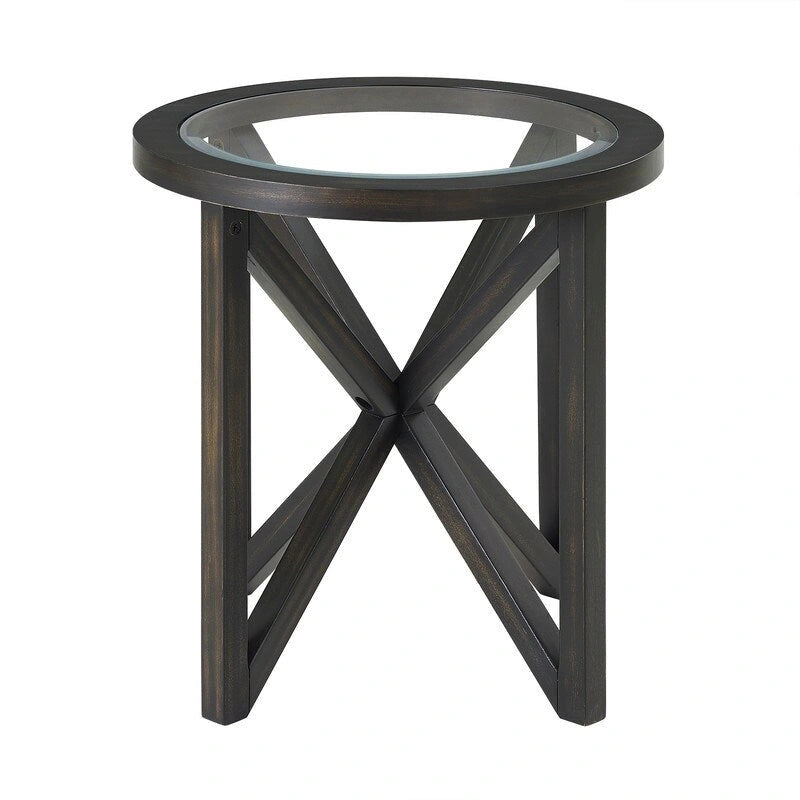 Modern simple glass coffee table, tempered glass coffee table solid wood base round transparent glass top