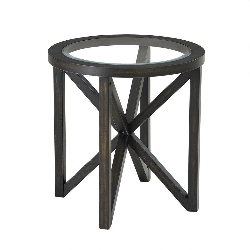 Modern simple glass coffee table, tempered glass coffee table solid wood base round transparent glass top