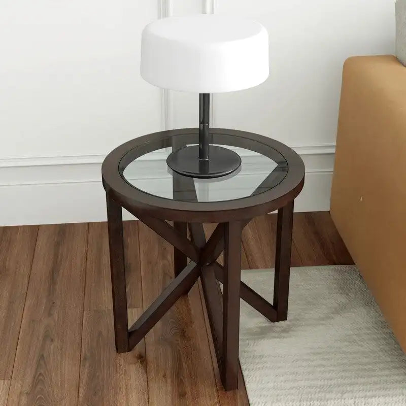 Modern simple glass coffee table, tempered glass coffee table solid wood base round transparent glass top
