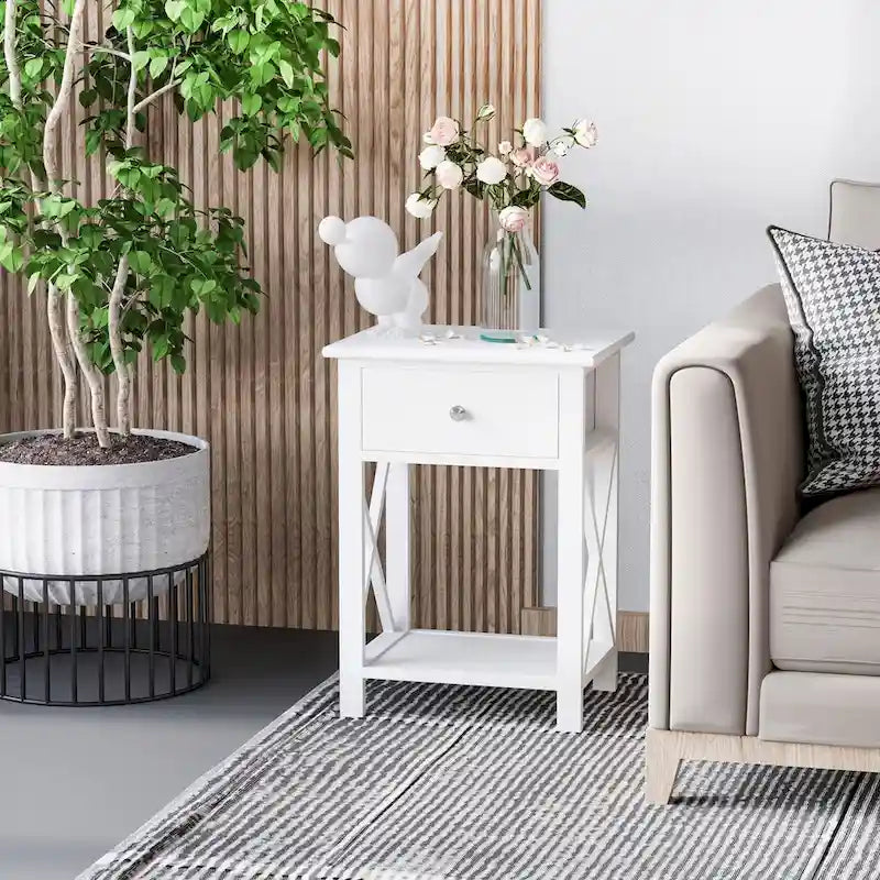 Side Table, Farmhouse End Table With Storage Drawer, Open Shelf And X-Frame