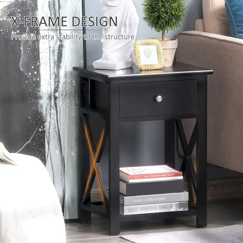 Side Table, Farmhouse End Table With Storage Drawer, Open Shelf And X-Frame