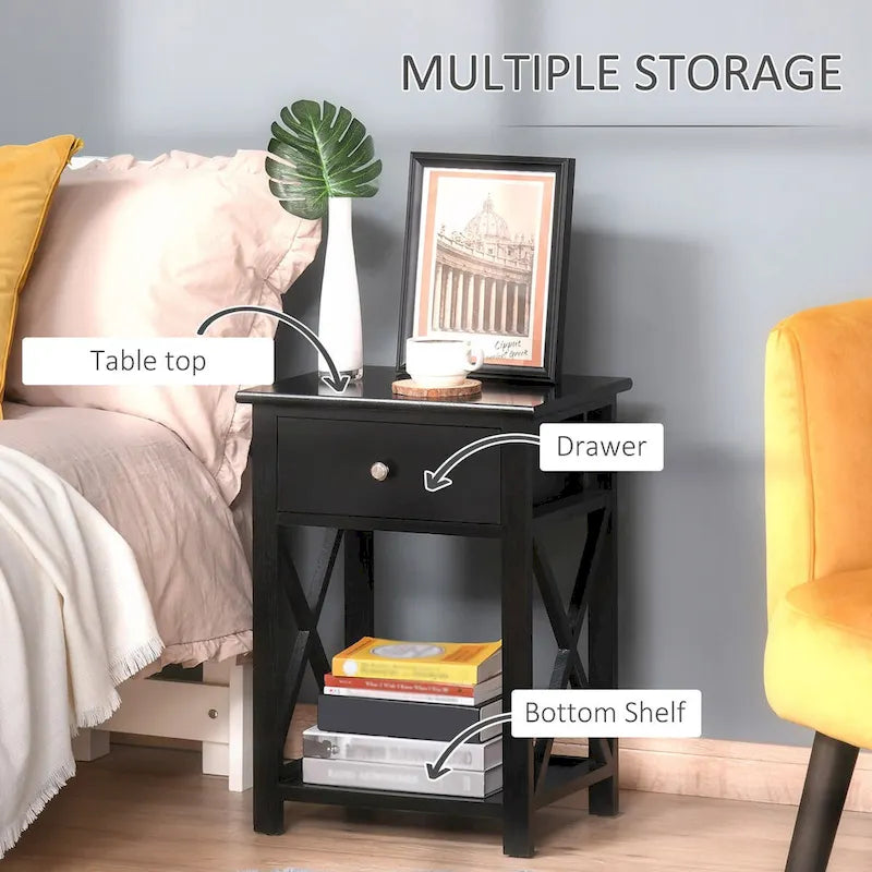Side Table, Farmhouse End Table With Storage Drawer, Open Shelf And X-Frame