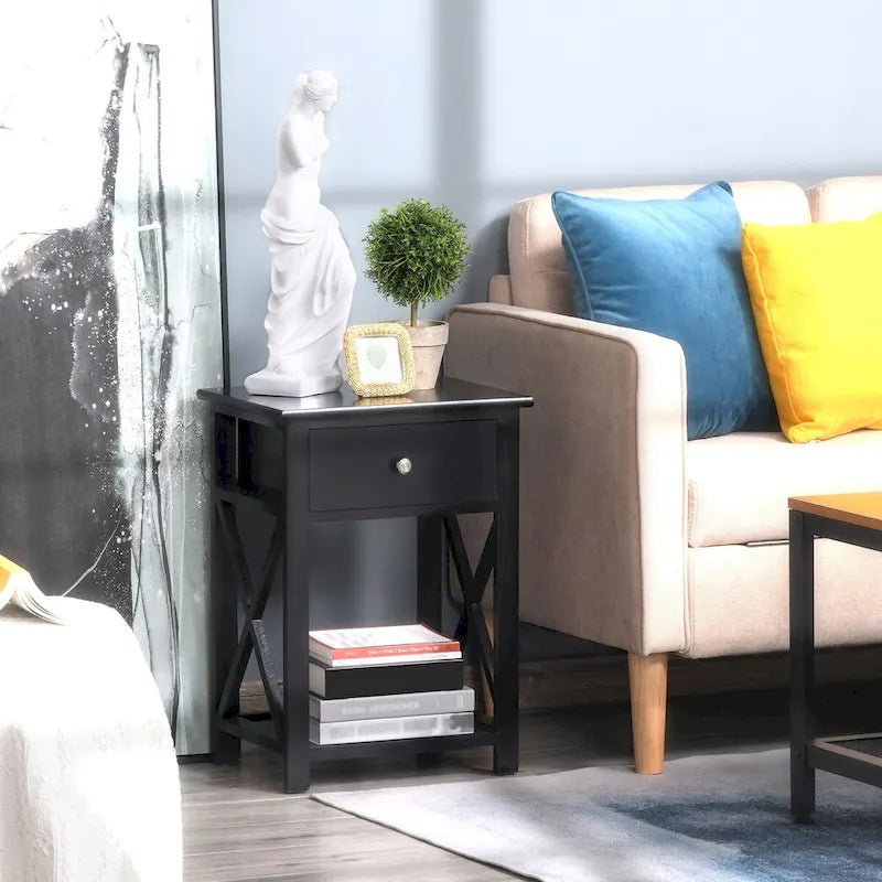 Side Table, Farmhouse End Table With Storage Drawer, Open Shelf And X-Frame