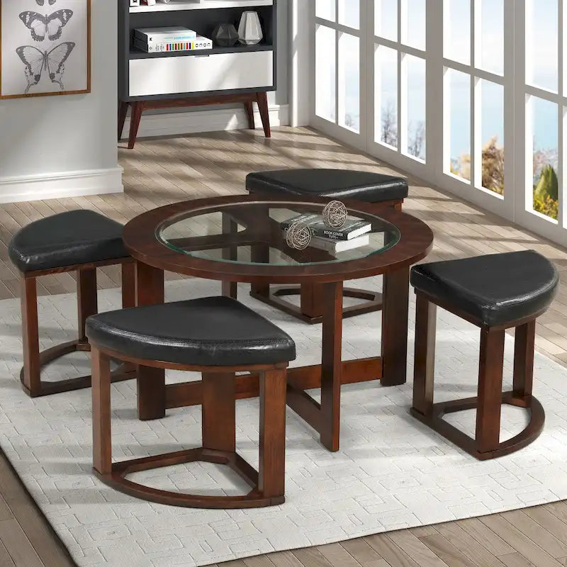 Solid Wood Glass Top Round Table Set, Coffee Table with 4 Stools