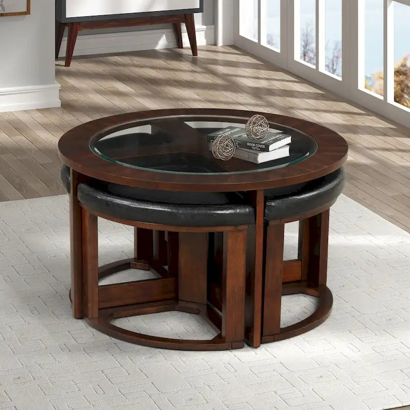 Solid Wood Glass Top Round Table Set, Coffee Table with 4 Stools