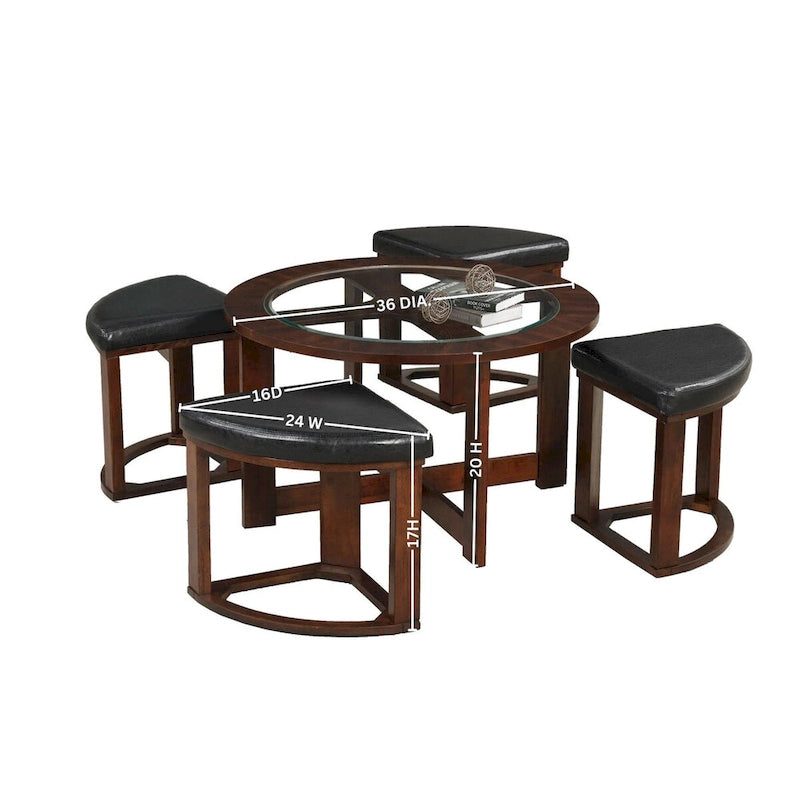 Solid Wood Glass Top Round Table Set, Coffee Table with 4 Stools