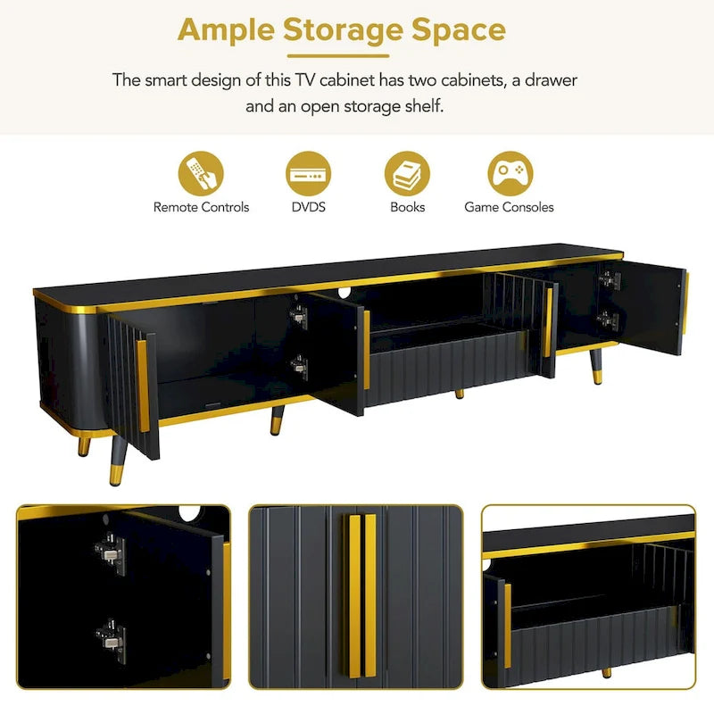 TV Stand with Open Storage Shelf for TVs Up to 85,with Cabinets and Drawers, Practical Media Console with Unique Legs