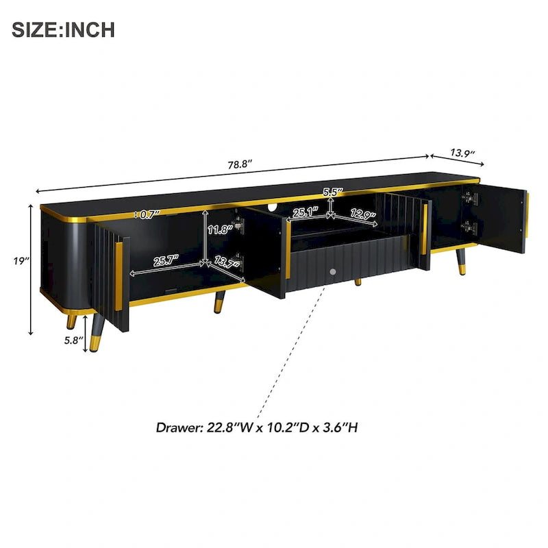 TV Stand with Open Storage Shelf for TVs Up to 85,with Cabinets and Drawers, Practical Media Console with Unique Legs