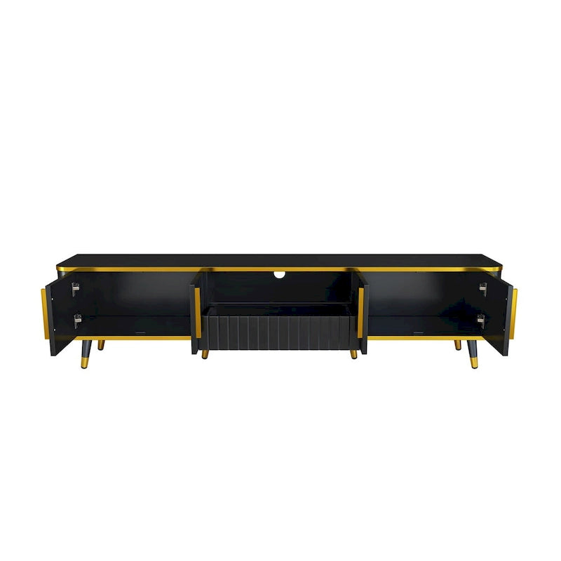 TV Stand with Open Storage Shelf for TVs Up to 85,with Cabinets and Drawers, Practical Media Console with Unique Legs