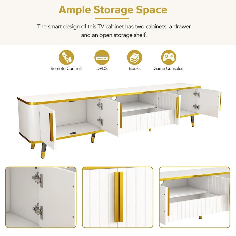 TV Stand with Open Storage Shelf for TVs Up to 85,with Cabinets and Drawers, Practical Media Console with Unique Legs