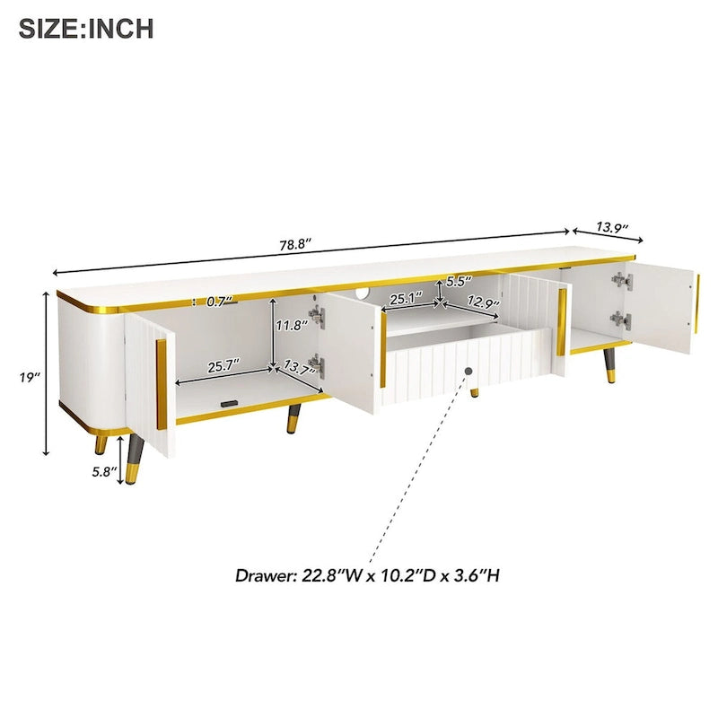 TV Stand with Open Storage Shelf for TVs Up to 85,with Cabinets and Drawers, Practical Media Console with Unique Legs