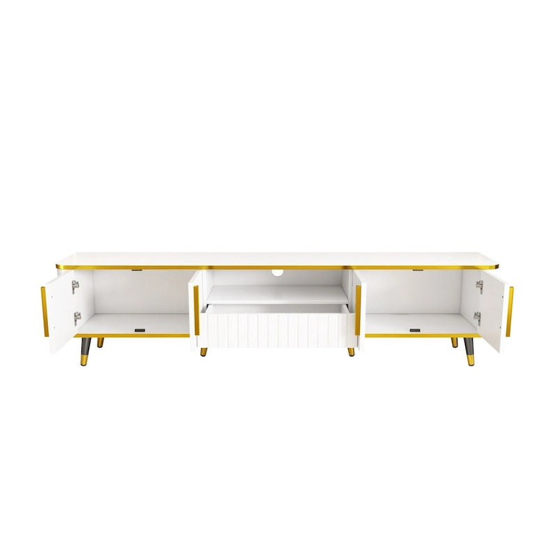 TV Stand with Open Storage Shelf for TVs Up to 85,with Cabinets and Drawers, Practical Media Console with Unique Legs