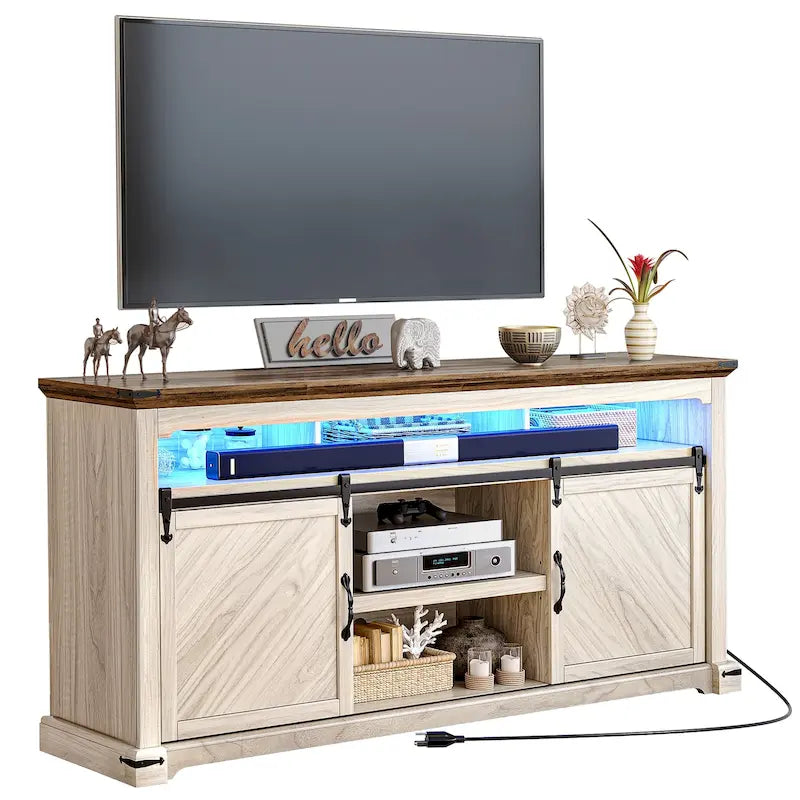 Moasis Farmhouse TV Stand for TV up to 75 Sliding Barn Door Media Console with LED Lights