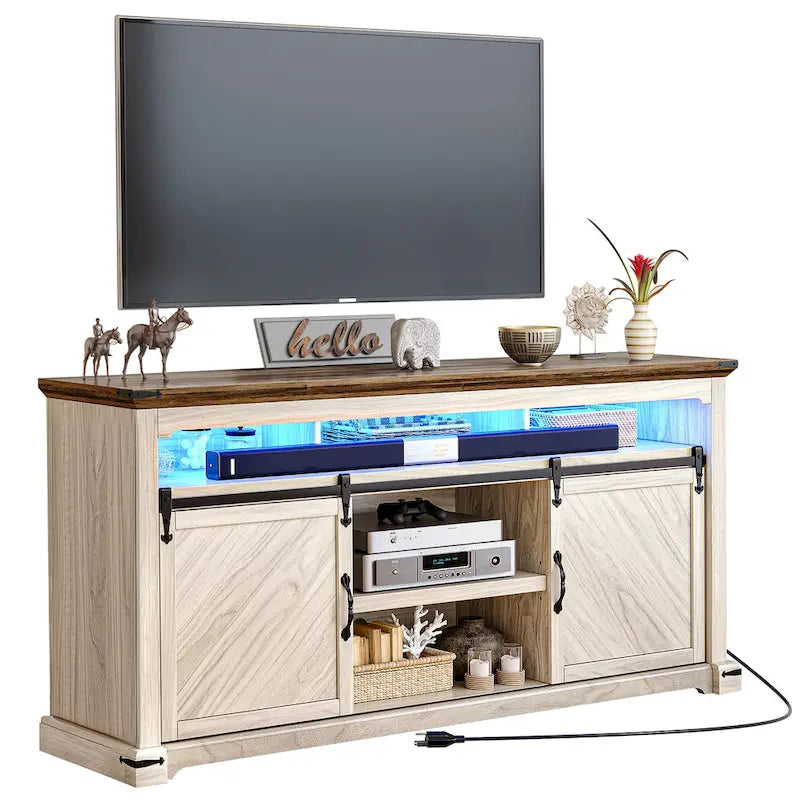 Moasis Farmhouse TV Stand for TV up to 75 Sliding Barn Door Media Console with LED Lights