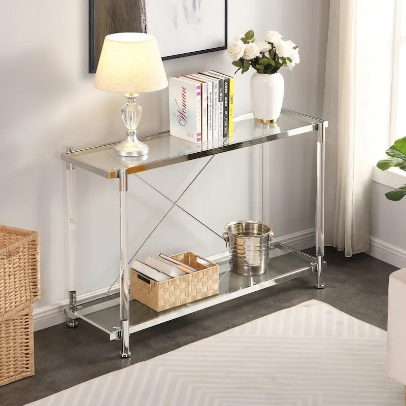 43.31 Chrome Glass Sofa Table, Acrylic Side Table, Console Table for Living Room& Bedroom