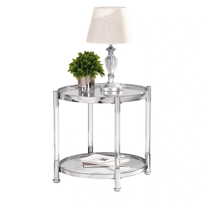 Grondin Modern Contemporary 2-Tier Tempered Glass Top End Table Side Table with Steel and Acrylic Frame