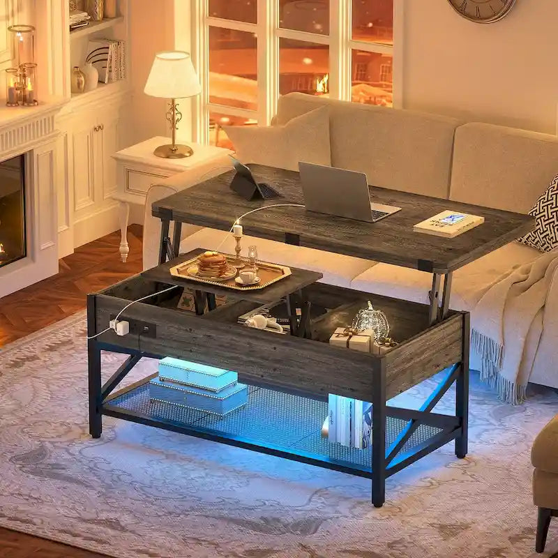 Farmhouse Lift Top Multi-Function Coffee Table Converts to Dining Table with LED Light and Power Outlet