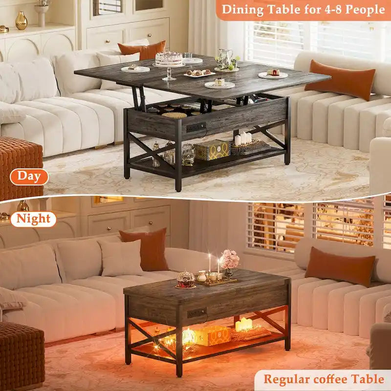 Farmhouse Lift Top Multi-Function Coffee Table Converts to Dining Table with LED Light and Power Outlet