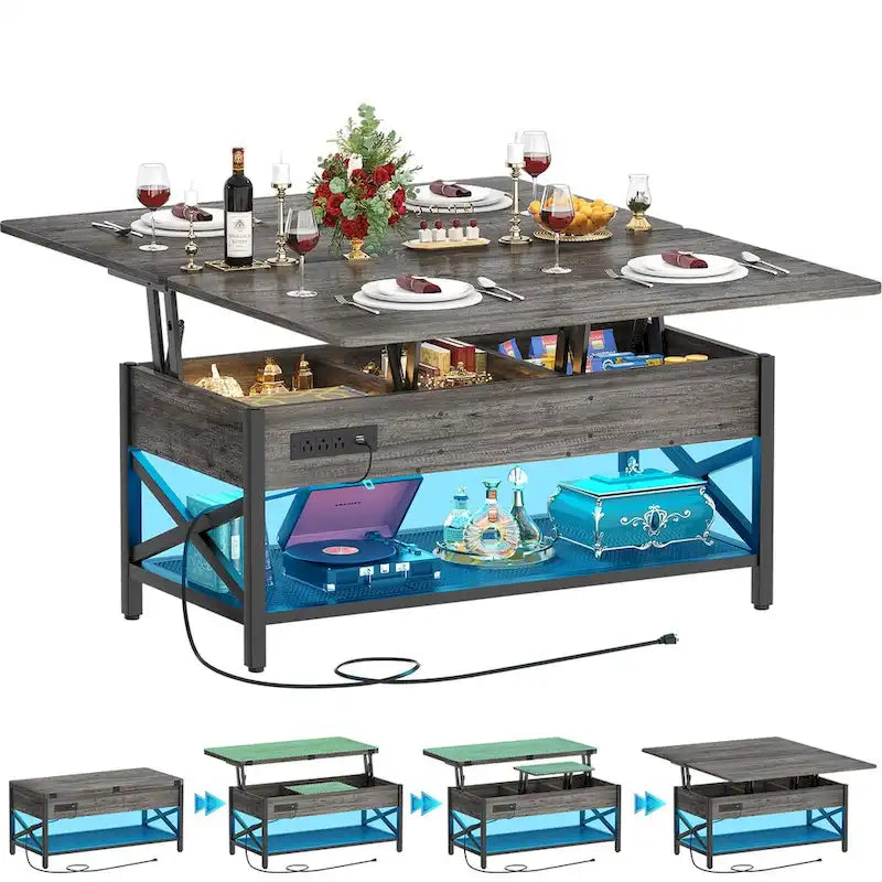 Farmhouse Lift Top Multi-Function Coffee Table Converts to Dining Table with LED Light and Power Outlet