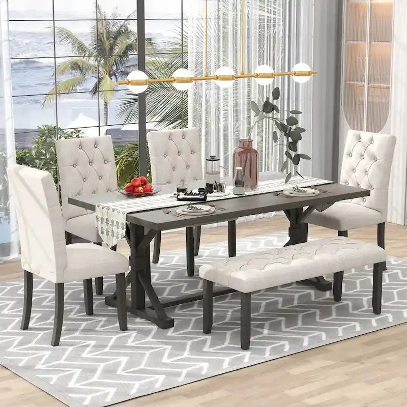 6-Piece Farmhouse Dining Table Set 72 Wood Rectangular Table, 4 Upholstered Chairs with Bench