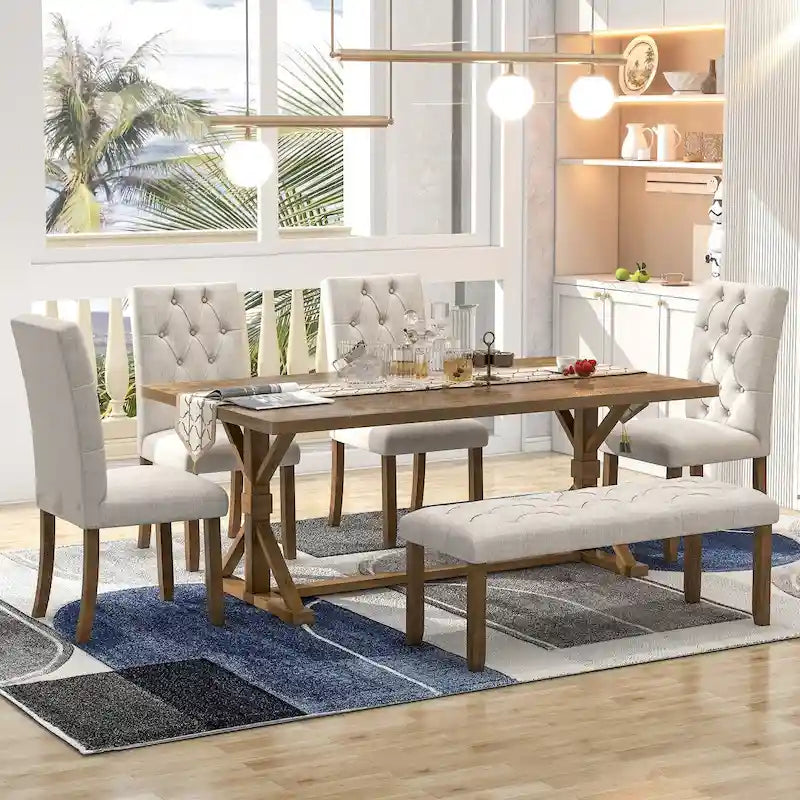 6-Piece Farmhouse Dining Table Set 72 Wood Rectangular Table, 4 Upholstered Chairs with Bench