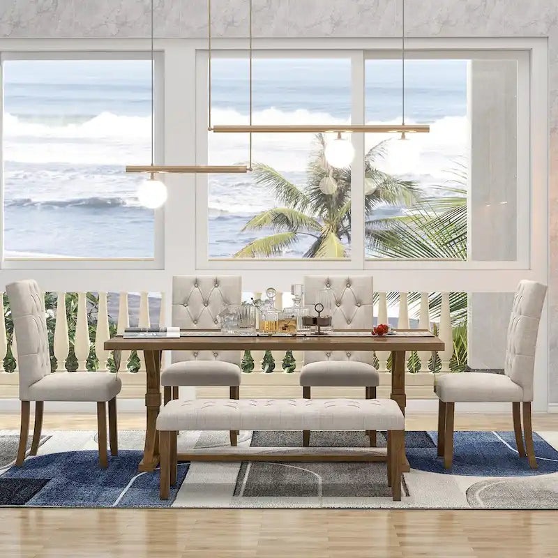 6-Piece Farmhouse Dining Table Set 72 Wood Rectangular Table, 4 Upholstered Chairs with Bench