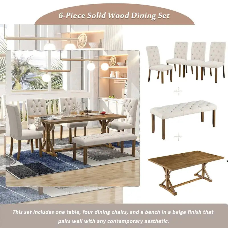 6-Piece Farmhouse Dining Table Set 72 Wood Rectangular Table, 4 Upholstered Chairs with Bench