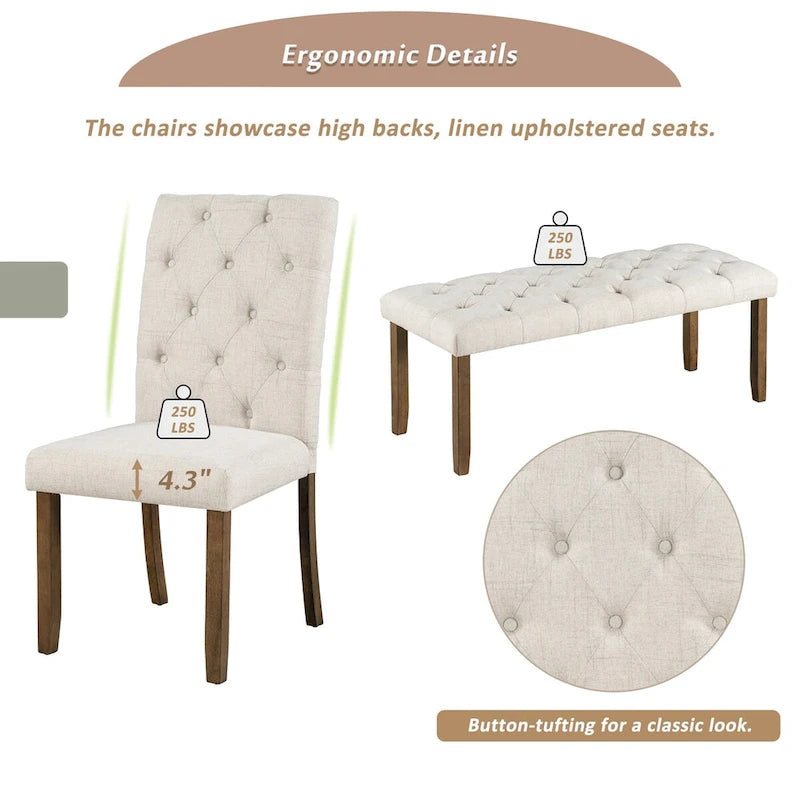 6-Piece Farmhouse Dining Table Set 72 Wood Rectangular Table, 4 Upholstered Chairs with Bench