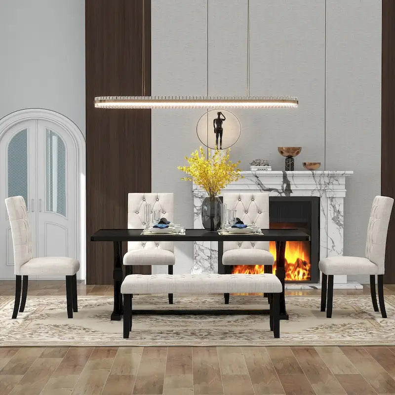 6-Piece Farmhouse Dining Table Set 72 Wood Rectangular Table, 4 Upholstered Chairs with Bench