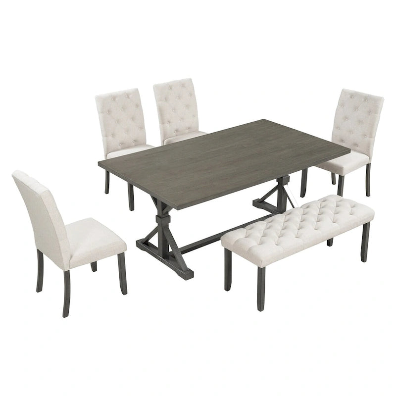6-Piece Farmhouse Dining Table Set 72 Wood Rectangular Table, 4 Upholstered Chairs with Bench