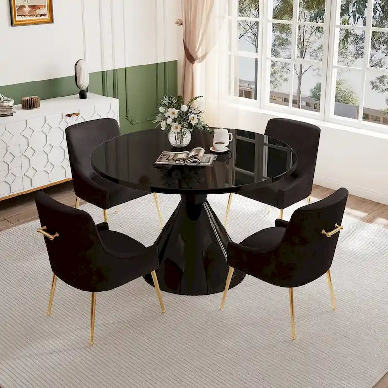48 Light Luxury Black High Gloss Large Countertop Dining Table with Velvet Dining Chair Set