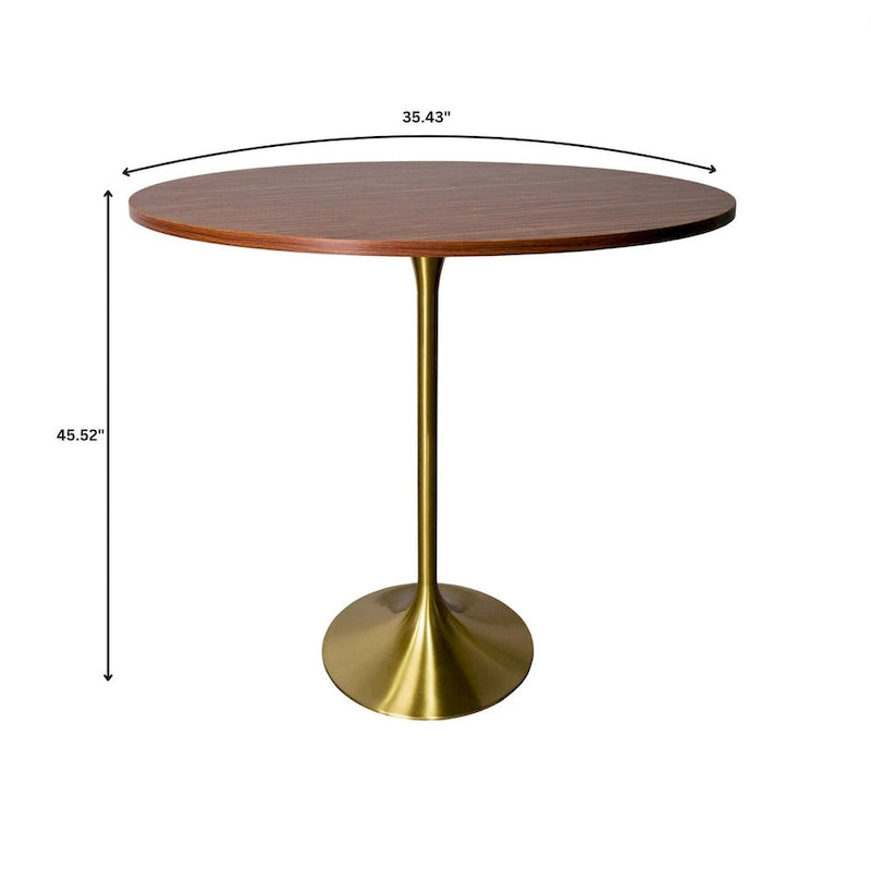 LeisureMod Verve 36 Round Dining Table with MDF Wood TableTop and Brushed Gold Base for Kitchen & Dining Room