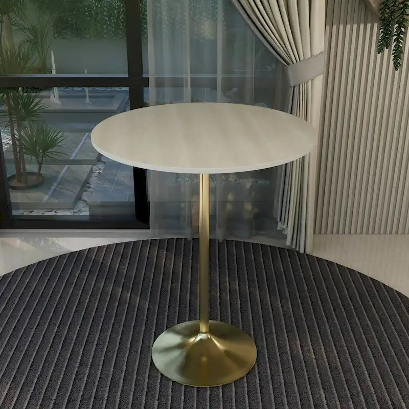 LeisureMod Verve 36 Round Dining Table with MDF Wood TableTop and Brushed Gold Base for Kitchen & Dining Room