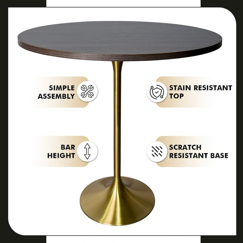 LeisureMod Verve 36 Round Dining Table with MDF Wood TableTop and Brushed Gold Base for Kitchen & Dining Room
